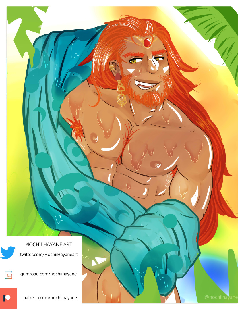 abs bara breath_of_the_wild clothed daddy desert ganondorf ganondork ganonking gerudo hairy hochiihayane long_hair male male_only muscles smile smirk solo solo_male sun sweaty sweaty_chest swimsuit swimwear the_legend_of_zelda tropical water wet