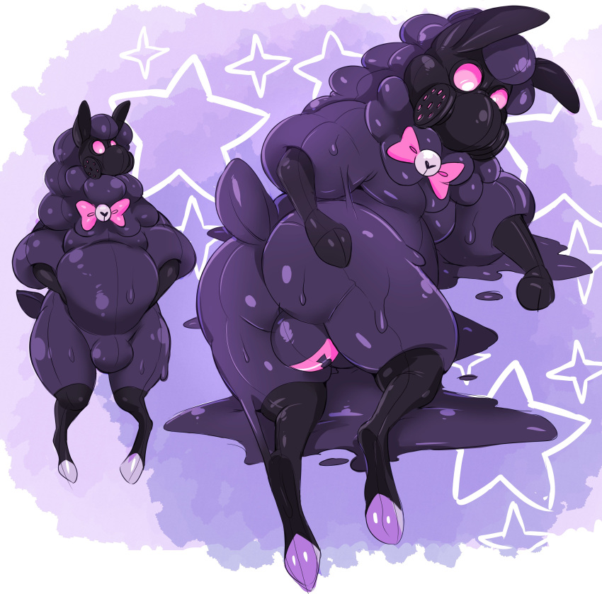 2021 absurd_res anthro ass belly big_belly bovid bow_tie bulge caprine digital_drawing_(artwork) digital_media_(artwork) gamblepaws gas_mask glistening glowing glowing_eyes hi_res liquid_latex lock_bulge lock_symbol male mammal mask multiple_poses pink_eyes pose rubber sheep simple_background solo star