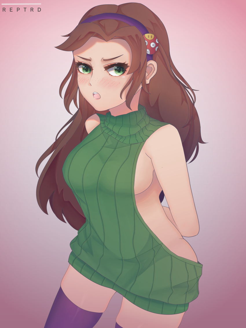 big_breasts blush brown_hair freckles green_eyes jojo's_bizarre_adventure long_hair no_bra no_panties reptrd shuckmeister virgin_killer_sweater