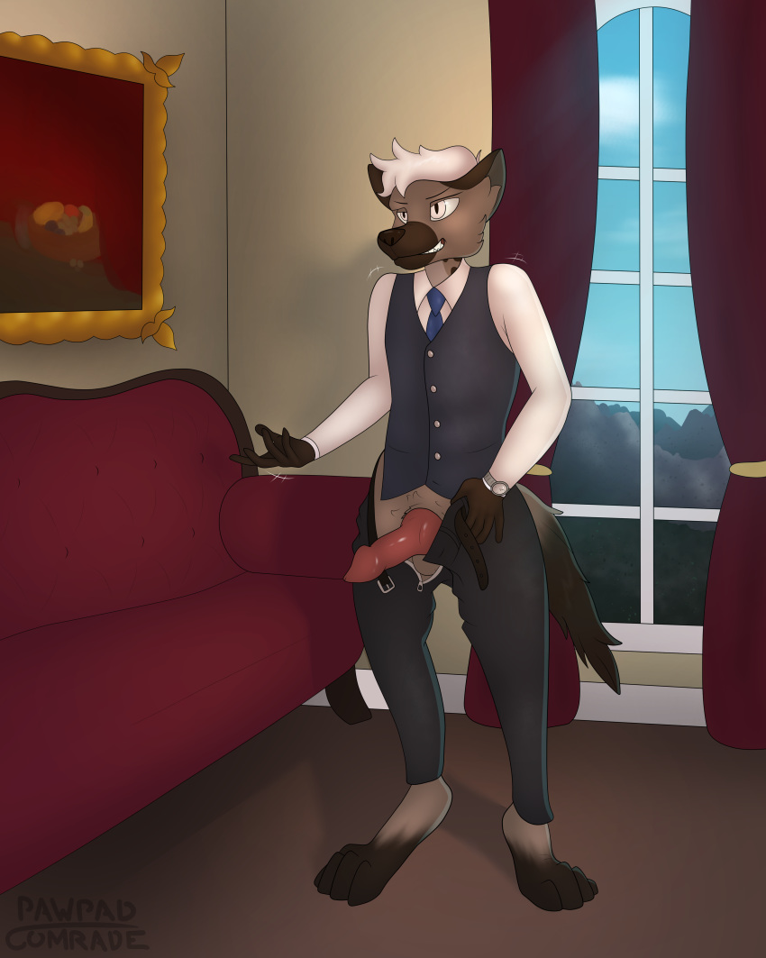 4:5 absurd_res animal_genitalia animal_penis anthro belt bottomwear canine_penis classy clock clothed clothing erection furniture genitals grey_eyes grey_hair hair hi_res hyaenid knot male male_only mammal necktie open_pants painting pants pants_down partially_clothed pawpadcomrade penis shrug smile smirk sofa solo spotted_hyena topwear unzipped vest watch window