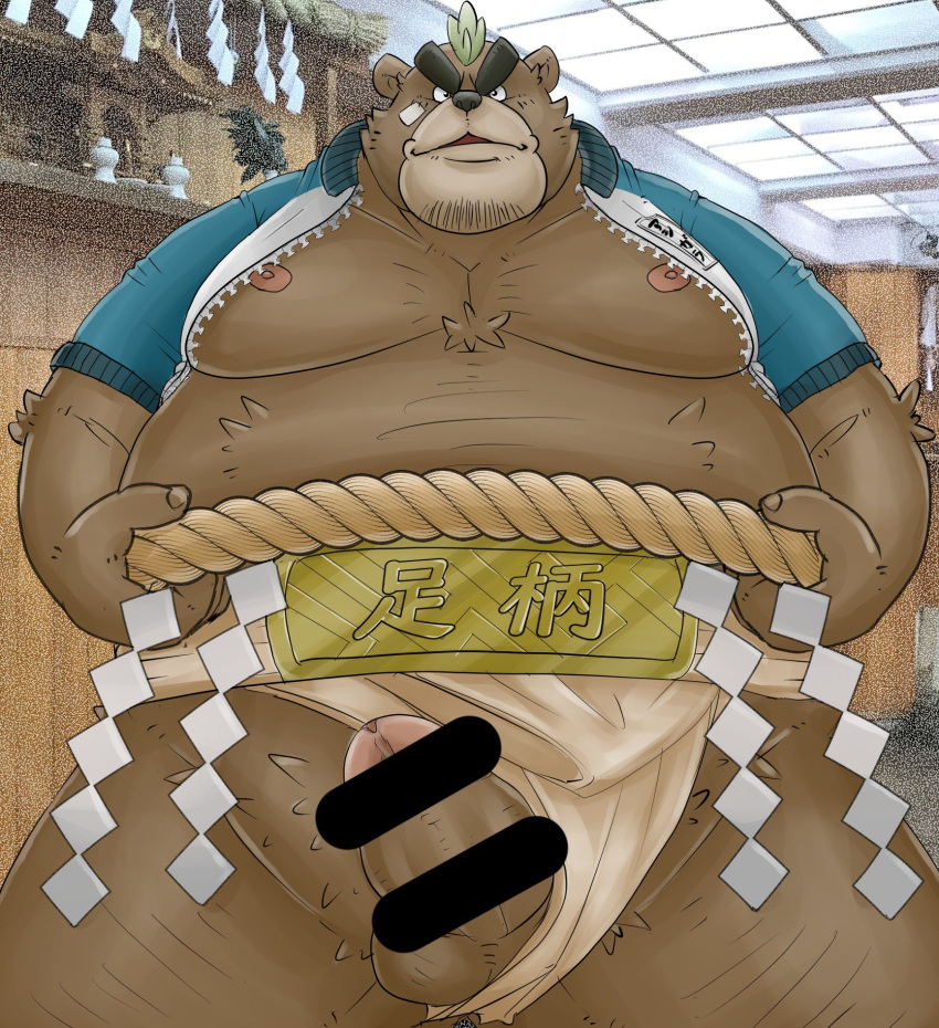 2018 anthro ashigara balls belly brown_body brown_fur censored erection fur genitals hi_res humanoid_genitalia humanoid_hands humanoid_penis male male_only mammal moobs mumimushu5 nipples overweight overweight_male penis solo sumo tokyo_afterschool_summoners ursid video_games