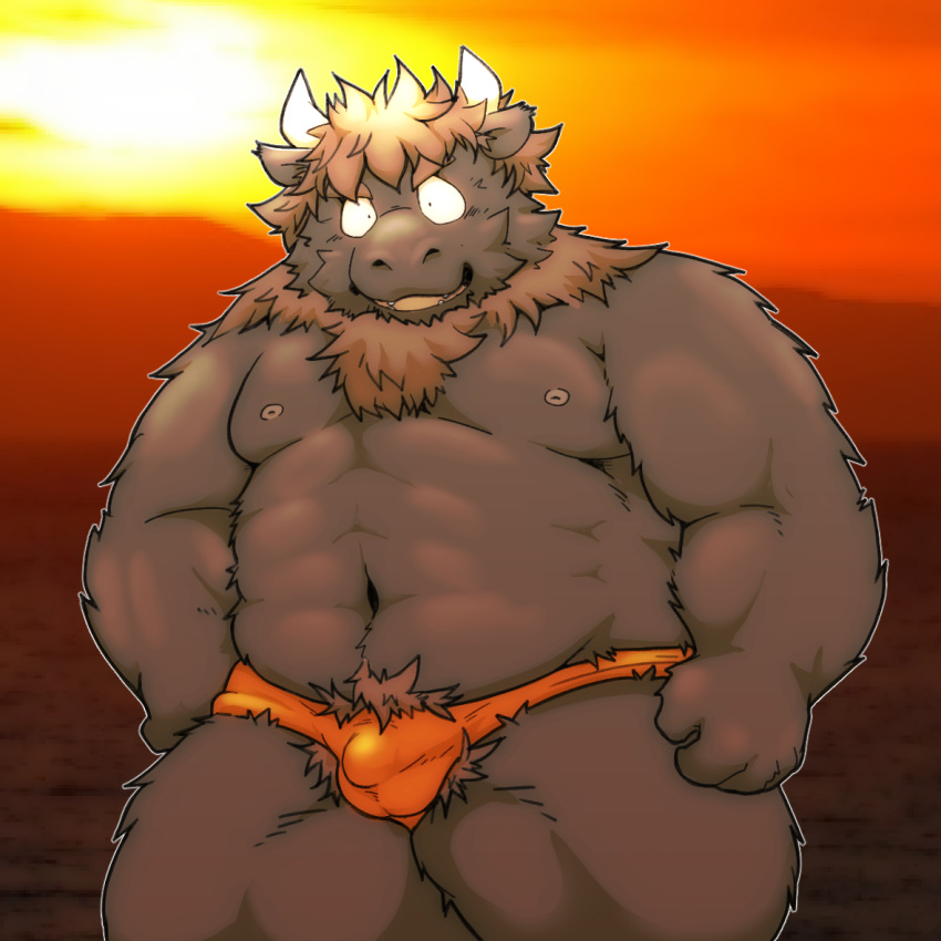 1:1 1boy 2016 anthro balls_outline bara bovid bovine bulge cattle clothing genital_outline humanoid_hands kemono male male_only mammal musclegut nipples outside penis_outline solo solo_male suishou0602 sun underwear