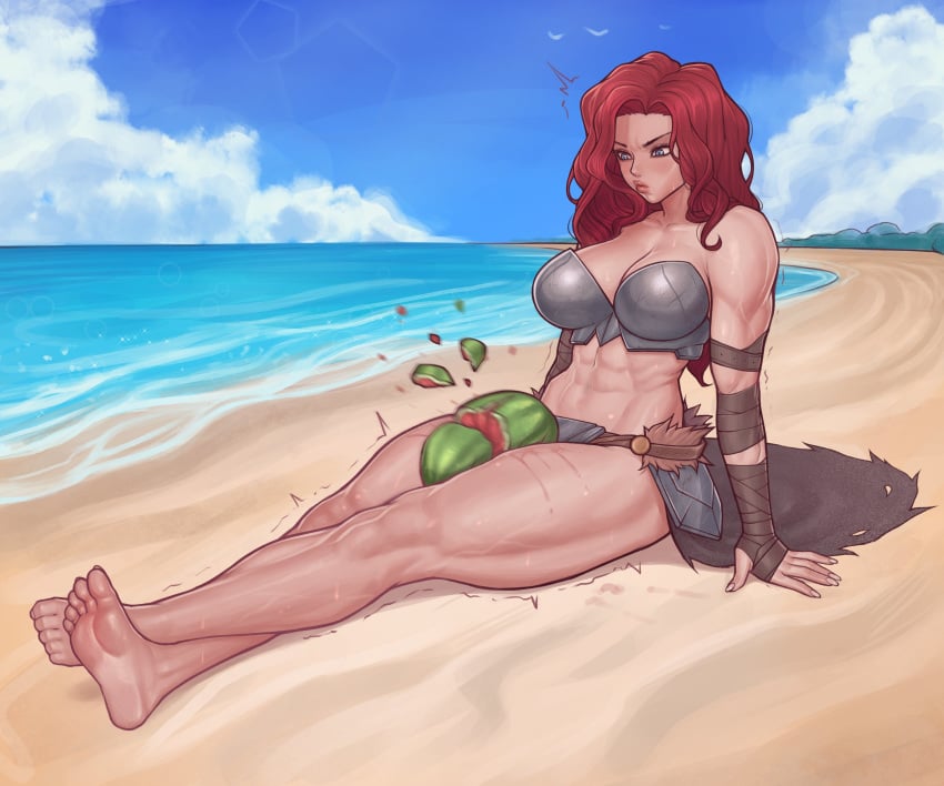 1girls abs absurdres asura_(artist) beach between_thighs blue_eyes breaking_watermelon_with_thighs breasts cleavage clothed female female_only highres large_breasts melon muscles muscular muscular_female muscular_thighs red_hair sand solo solo_female thick_thighs thin_waist vanadey_whiteflame_(garren) water watermelon watermelon_crushing