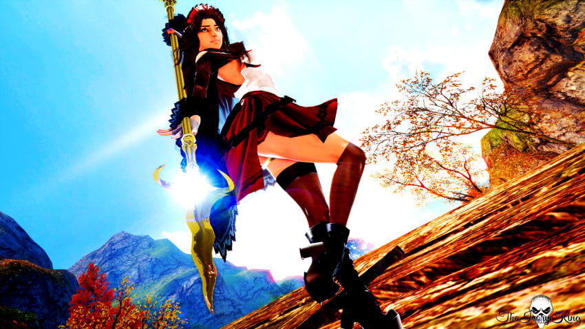 3d female fighting_stance glavie long_boots looking_at_viewer lynn_(vindictus) mabinogi_heroes red_hair skimpy skimpy_clothes theivoryking thighhighs thighs upskirt vindictus weapon yellow_eyes young