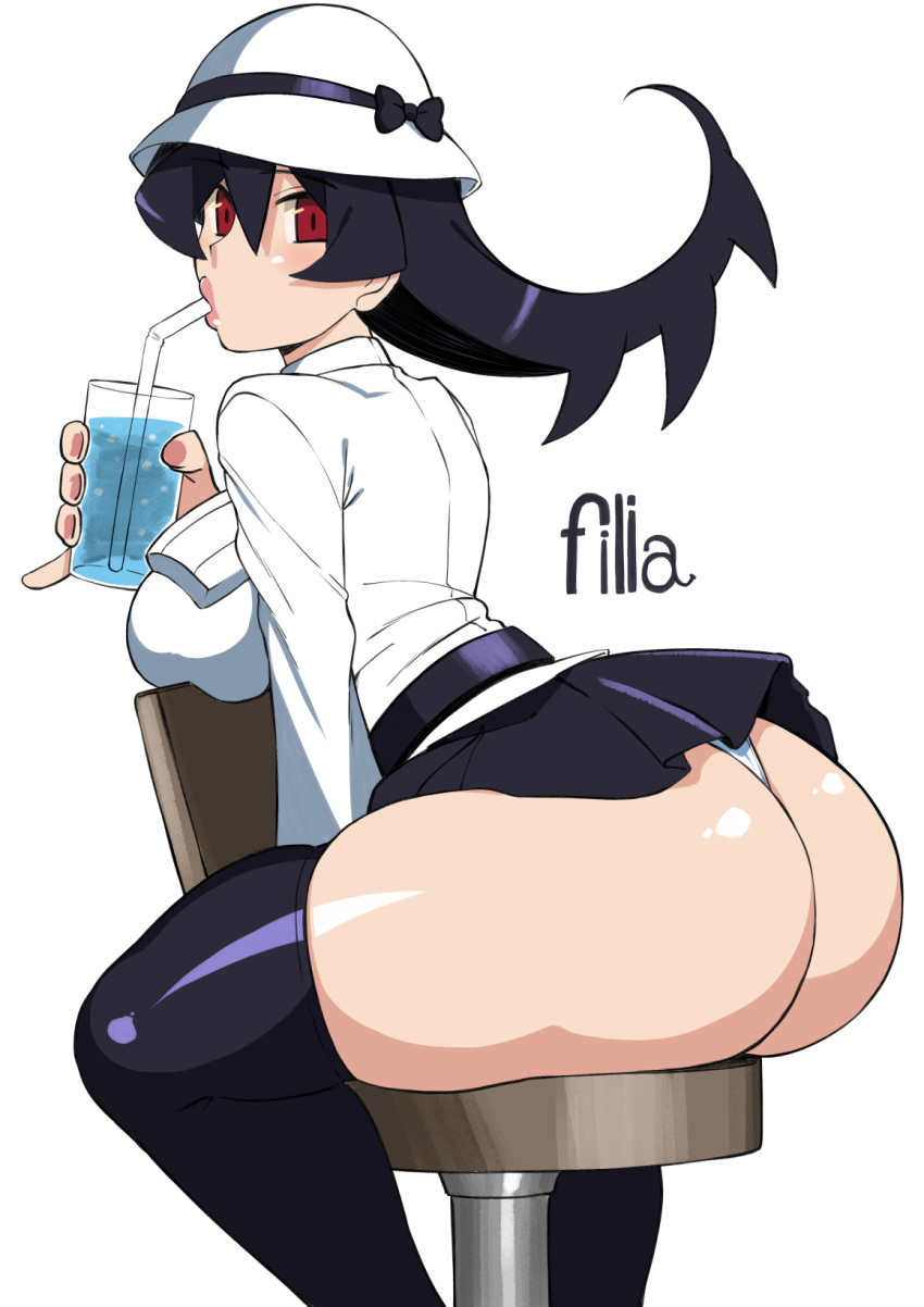 1girls ass ass_focus black_hair butt butt_crack drinking filia_(skullgirls) huge_ass komusou_(jinrikisha) large_breasts looking_back red_eyes samson_(skullgirls) skullgirls solo thick_thighs thighhighs thong upskirt