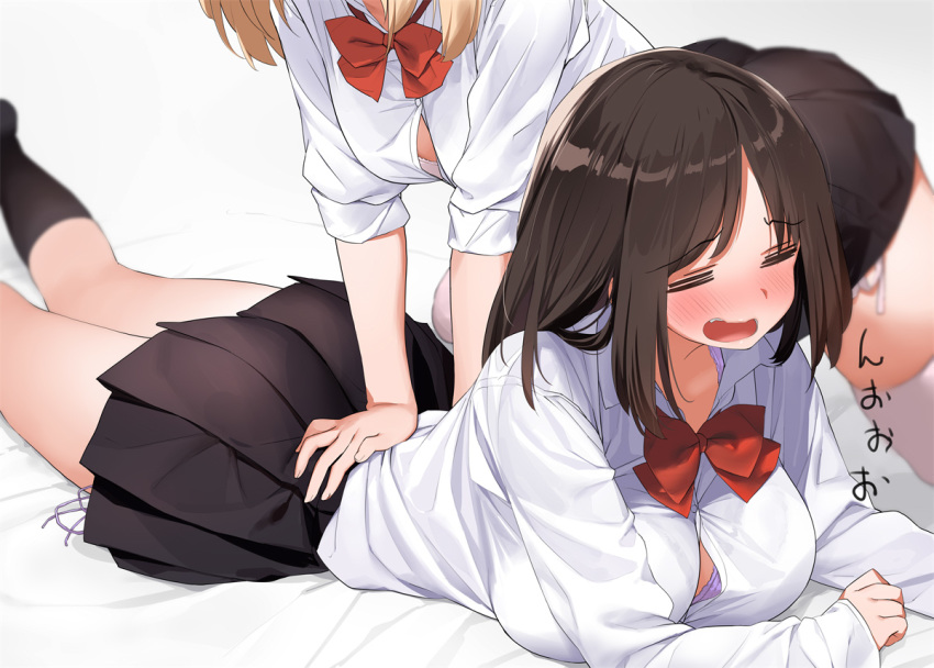 2020 2girls =_= ass bangs bed_sheet big_ass black_hair black_legwear black_skirt blonde_hair blurry blush bow bowtie bra bra_peek breasts button_gap closed_eyes collared_shirt cute depth_of_field dress_shirt highres japanese_text kaisen_chuui kneehighs large_breasts long_hair long_sleeves lying massage miniskirt multiple_girls on_stomach open_mouth original panties parted_bangs pink_bra pleated_skirt red_bow red_neckwear school_uniform shirt short_hair side-tie_panties skirt socks thick_thighs thighhighs thighs underwear white_legwear wing_collar