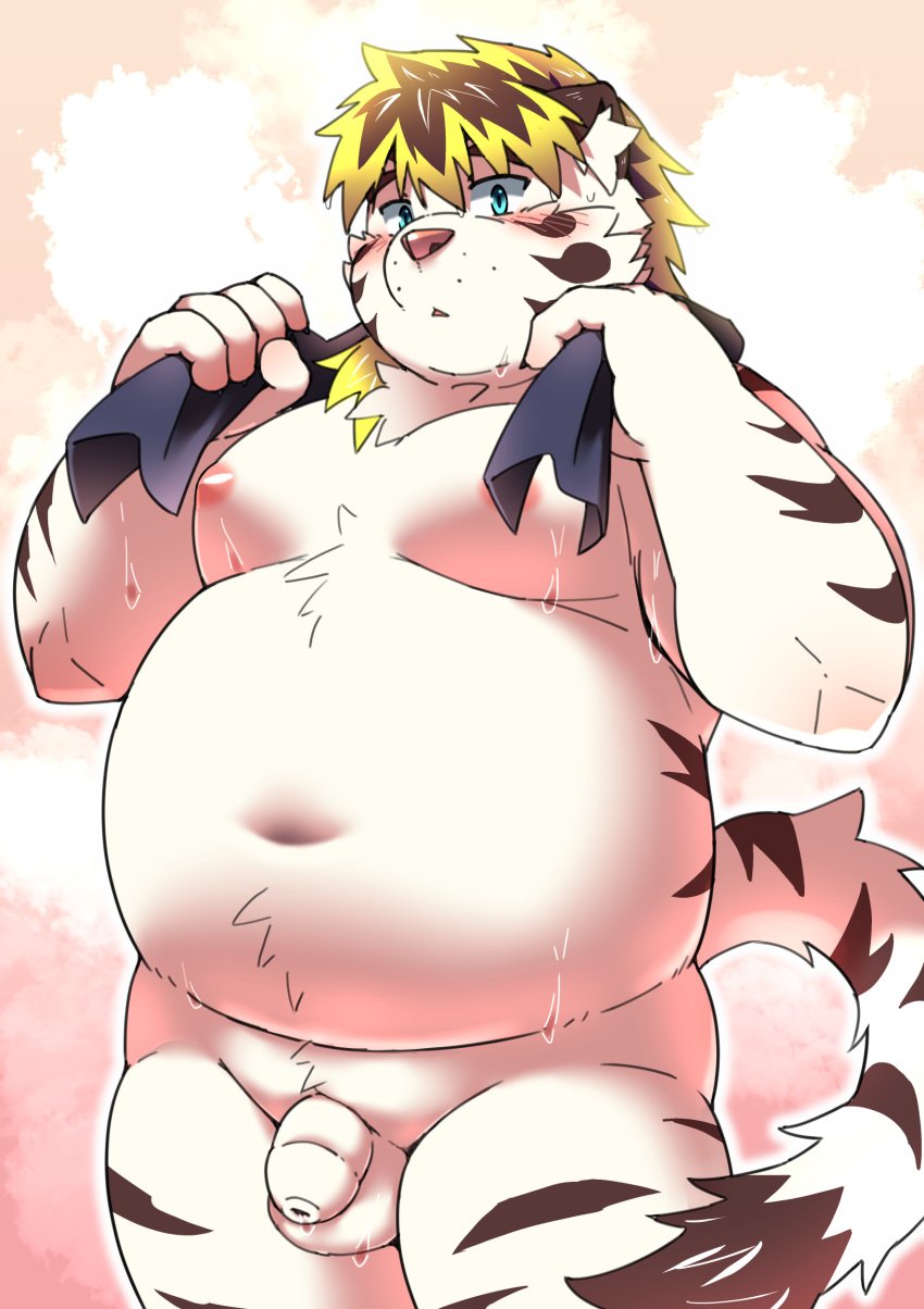 2020 absurd_res anthro balls belly blush felid flaccid fur genitals hi_res humanoid_genitalia humanoid_hands humanoid_penis kemono licho_(tokyo_afterschool_summoners) male male_only mammal moobs navel nipples overweight overweight_male pantherine penis ptcmtr solo tiger tokyo_afterschool_summoners towel video_games wet white_body white_fur