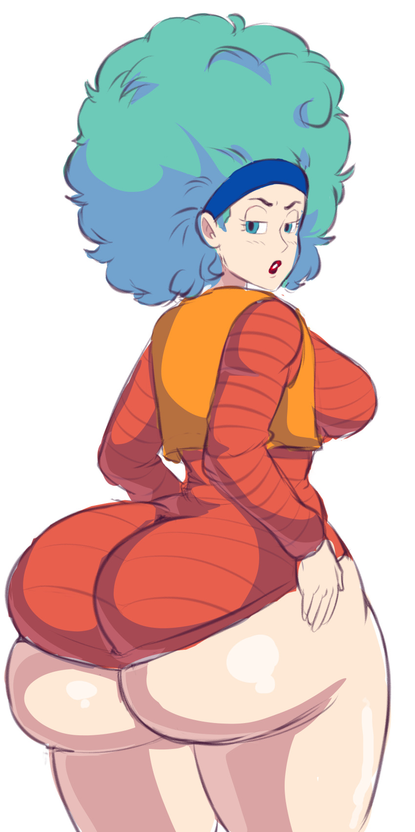 1girls 2019 afro ass big_ass blue_eyes blue_hair bottom_heavy breasts bulma_(afro) bulma_briefs clothed dragon_ball dragon_ball_z dress favorite female female_only huge_ass light-skinned_female lipstick looking_back simoncrips simple_background solo solo_focus thick_thighs tight_clothing voluptuous white_background wide_hips