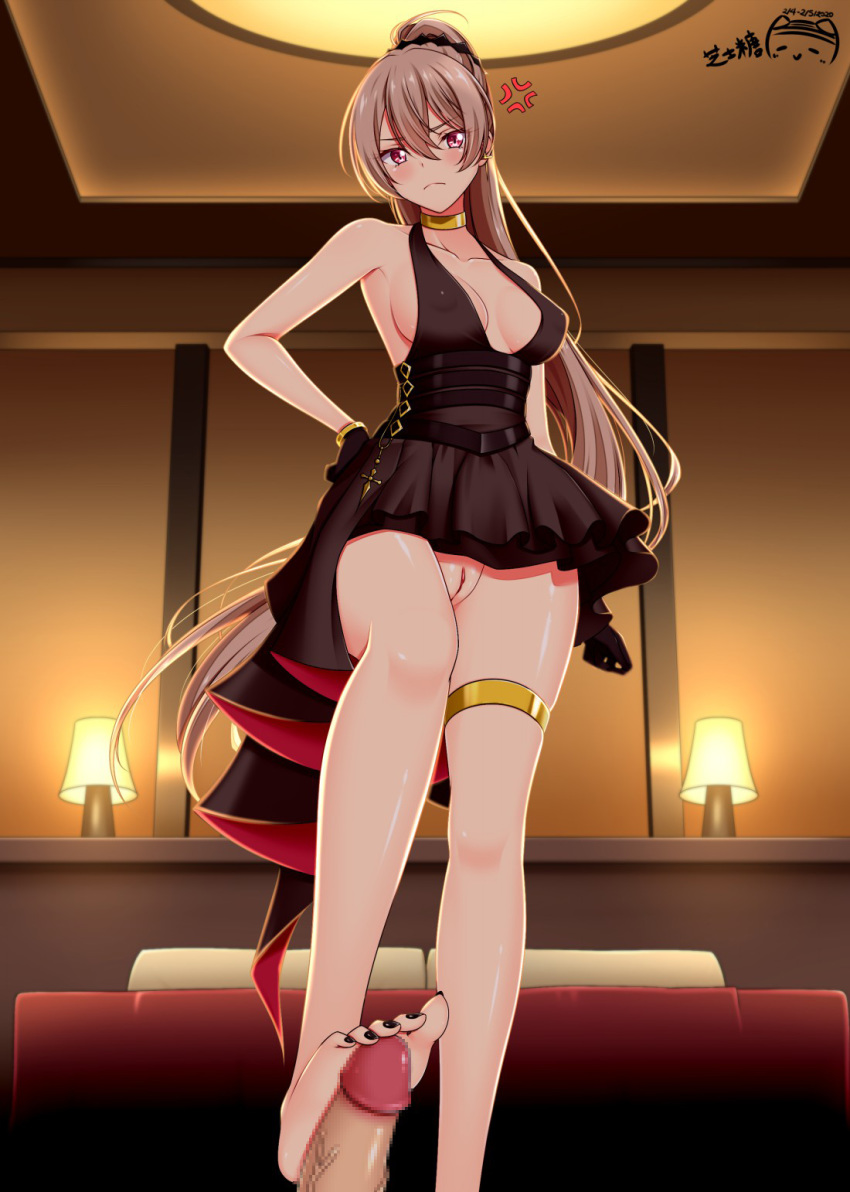 1boy 1girls angry azur_lane bangs bare_legs bare_shoulders bed bedroom black_gloves black_nails blonde_hair blush bottomless breast_grab breasts brown_hair censored cleavage closed_mouth cocktail_dress commentary_request commission dress erect_nipples erect_nipples_under_clothes erection evening_gown exposed_pussy eyebrows_visible_through_hair feet female femdom footjob gloves gold_bracelet gold_choker hair_between_eyes halter_dress hand_on_hip high_ponytail highres indoors jean_bart_(azur_lane) jean_bart_(uninhibited_bloodstone)_(azur_lane) lampshade large_breasts light-skinned_female light-skinned_male light_skin long_hair looking_down lying male malesub mosaic_censoring no_panties on_back out_of_frame penis pillow ppshex pussy red_eyes sidelocks skirt standing standing_footjob stepped_on thighlet toenail_polish toes upskirt very_long_hair vichya_dominion_(azur_lane) wide_hips