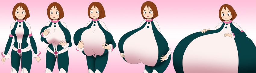 1girls blue_eyes breast_expansion brown_hair gigantic_breasts hero_outfit_(mha) huge_breasts hyper_breasts large_breasts mogmog my_hero_academia ochako_uraraka