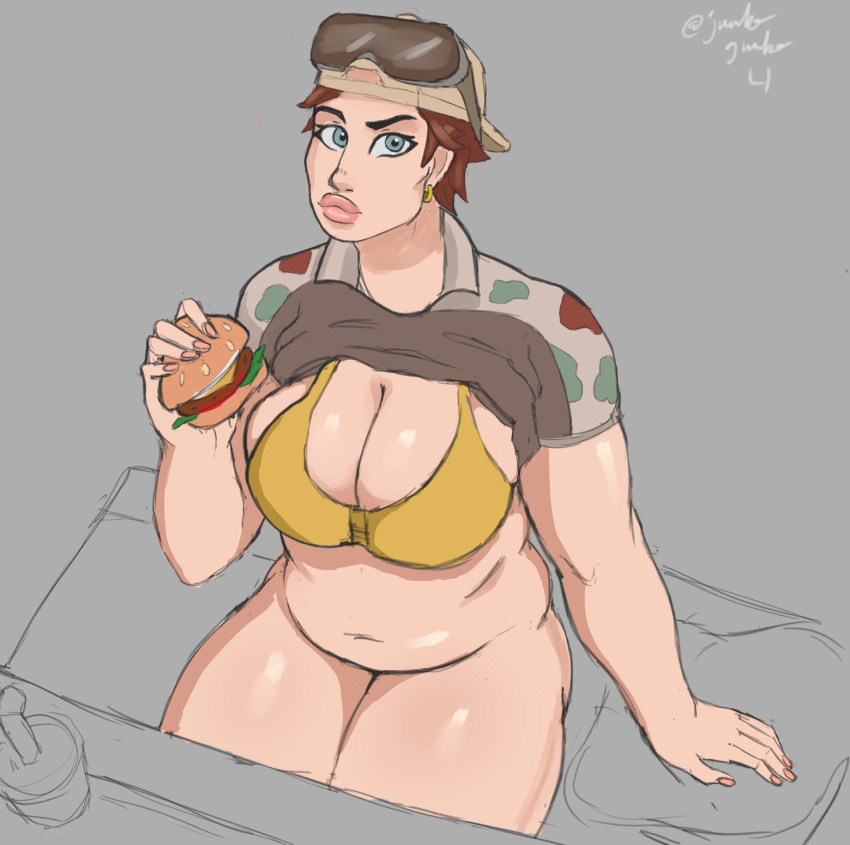 1girls big_breasts blue_eyes brown_hair burger camouflage chubby eating eating_burger eating_food gridlock_(rainbow_six) headgear jumbogumbo rainbow_six rainbow_six_siege shirt_up tagme thick_lips thick_thighs tom_clancy