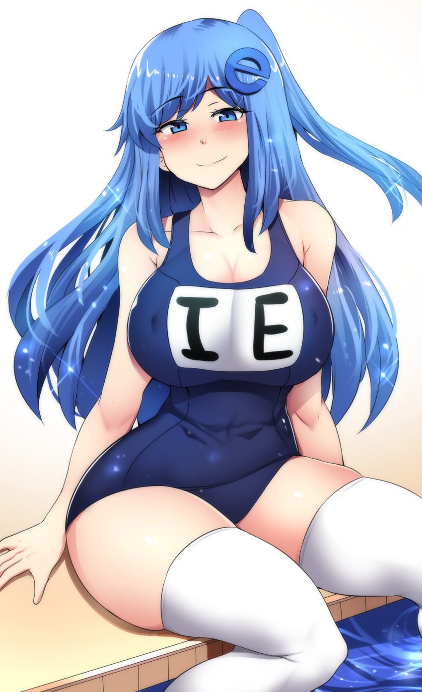 1girls 2020 arm_support bangs bare_arms bare_shoulders blue_eyes blue_hair blue_theme blush breasts cleavage collarbone curvy cute eyebrows_visible_through_hair female female_only half-closed_eyes highres hinghoi internet_explorer internet_explorer-tan internet_explorer_chan large_breasts long_hair looking_at_viewer nipple_bulge one-piece_swimsuit one_side_up original os-tan personification pool school_swimsuit shiny shiny_hair shiny_skin site-tan sitting smile soaking_feet solo swimsuit thick_thighs thighhighs thighs water white_background white_legwear zettai_ryouiki