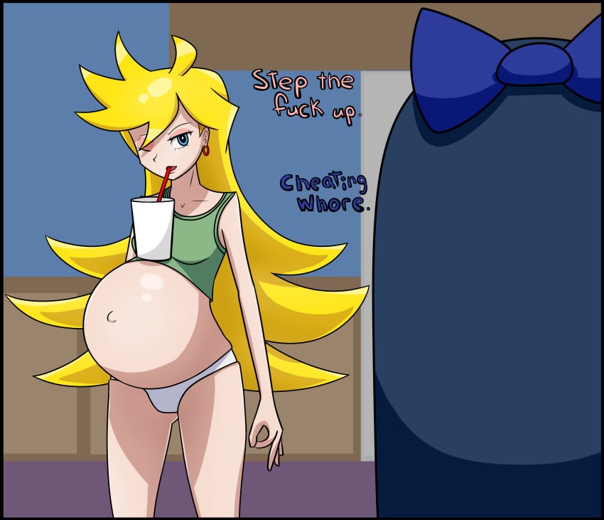 2girls belly big_belly big_breasts blonde_hair blue_eyes breasts dialogue female gainax long_blonde_hair malkarmaze one_eye_closed panties panty_&_stocking_with_garterbelt panty_anarchy pregnant stocking_anarchy text white_panties