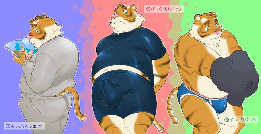 2010 anthro belly bottomwear bulge clothing erection erection_under_clothing felid humanoid_hands japanese_text kemono kira_nerisu male male_only mammal overweight overweight_male pantherine pants pink_nose shirt solo text tiger topwear underwear