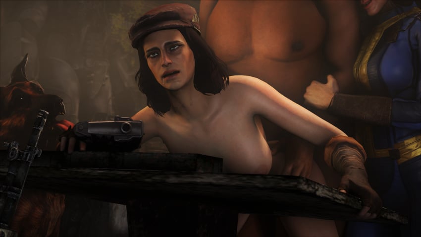 2girls 3d ambiguous_penetration being_watched bent_over bent_over_desk cuckquean doggy_style drooling fallout fallout_4 fat_man gloves holding_weapon mogenarsfm nora_(fallout_4) nude nude_female nude_male open_mouth piper_wright sole_survivor source_filmmaker vault_dweller