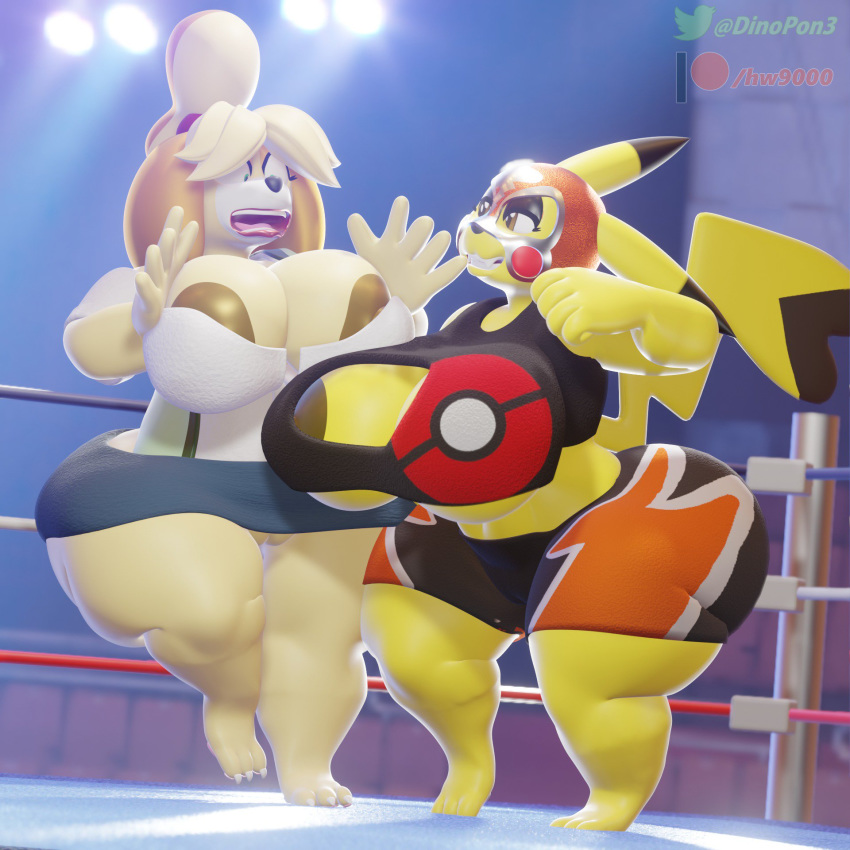 2girls 3d 3d_(artwork) abs alternate_breast_size alternate_outfit animal_crossing anthro anthrofied areolae big_breasts canine clothed clothing cosplay_pikachu crossover dinopony duo female female_only furry isabelle_(animal_crossing) mammal nintendo open_mouth patreon pikachu pikachu_libre pokémon_(species) pokemon pokemon_oras pokemon_rgby rodent skimpy super_smash_bros. text thick_thighs thighs watermark wide_hips wrestling