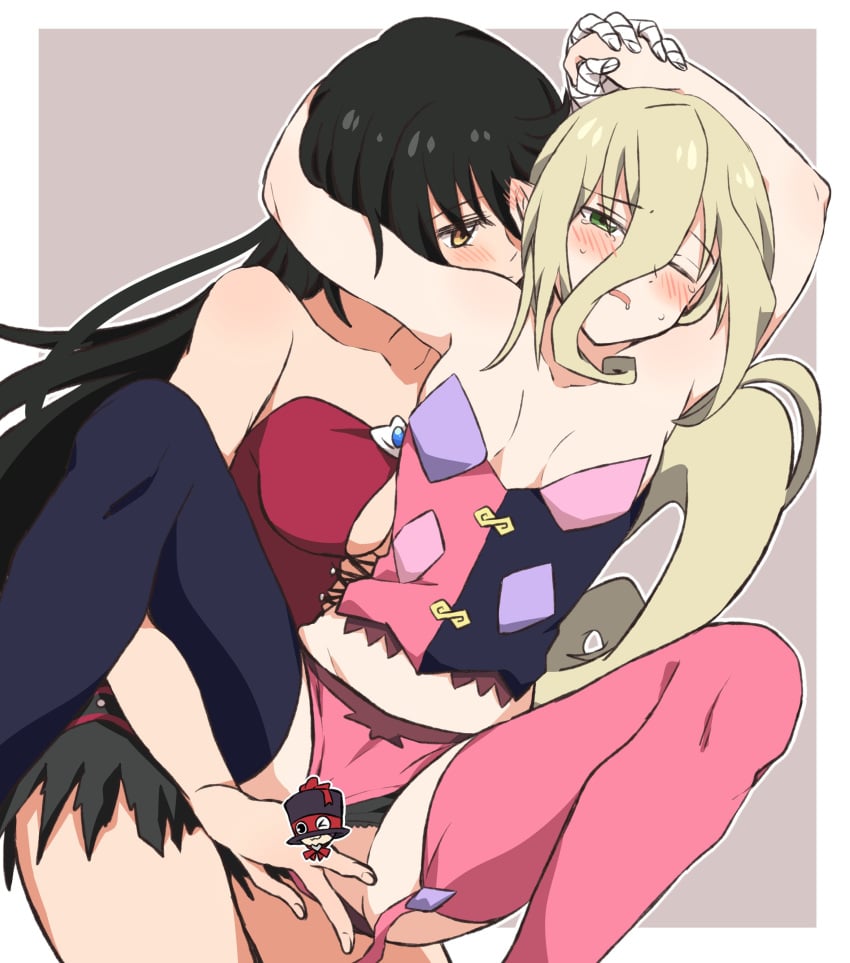 2girls absurdres bare_shoulders black_hair black_legwear blonde_hair blush breasts censored collarbone ear_blush green_eyes hair_between_eyes highres index_finger_raised long_hair looking_at_another magilou_(tales) medium_breasts midriff miiii mismatched_legwear multiple_girls novelty_censor one_eye_closed pink_legwear pointy_ears tales_of_(series) tales_of_berseria thighhighs velvet_crowe yellow_eyes yuri