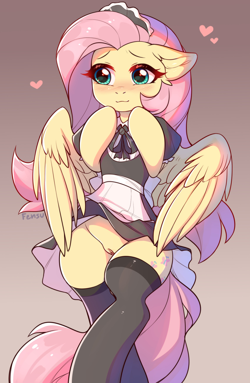 1girls 2020 clothed clothing cutie_mark digital_media_(artwork) equid equine eyebrows eyelashes feathered_wings feathers female female_only fensu-san fluttershy_(mlp) friendship_is_magic front_view furry genitals gradient_background heart hi_res legwear mammal my_little_pony pegasus pussy simple_background solo straight_hair wings