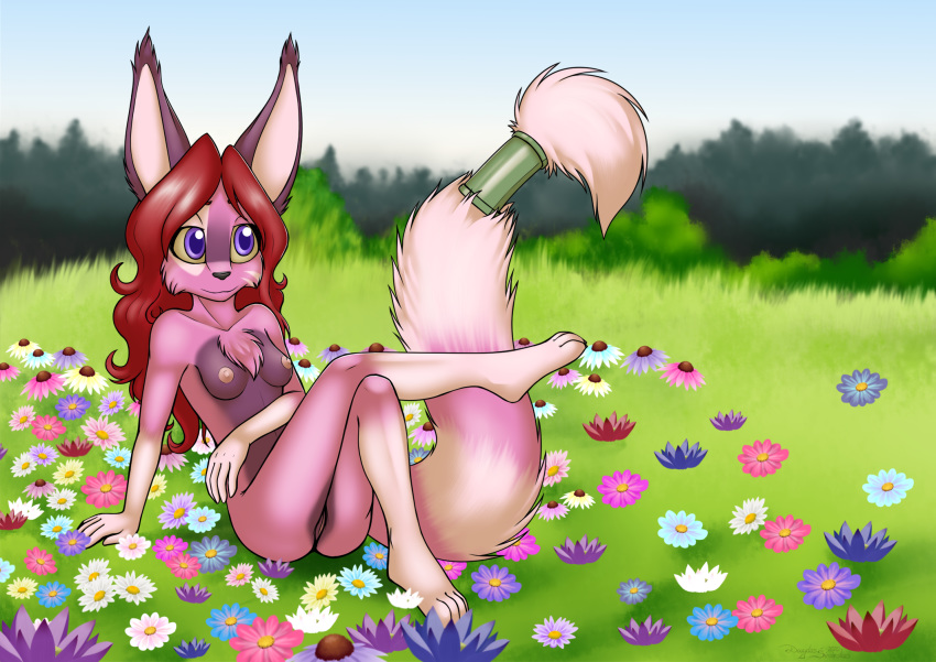 1girls anthro biped breasts canid chest_tuft female female_only flower fluffy fluffy_tail foxyverse fur genitals hair hi_res long_hair long_tail mammal mancoin nature nipples nude pink_body pink_fur plant purple_eyes pussy red_hair signature silveta_(foxyverse) small_breasts smile solo tail_ring tuft