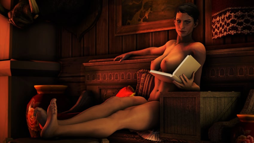 1girls 3d 3d_(artwork) bioware breasts cassandra_pentaghast dragon_age dragon_age_inquisition female female_only mogenarsfm muscular_female nude nude_female pinup reading reclining short_hair sitting solo_female source_filmmaker tomboy