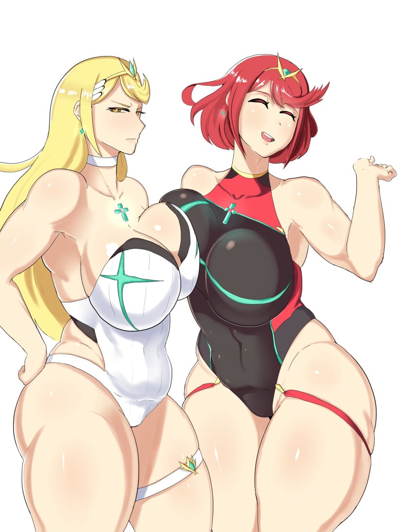 2girls big_breasts breasts cleavage female female_only large_breasts looking_at_viewer mythra pyra thick_thighs venus_body wide_hips xenoblade_(series) xenoblade_chronicles_2 xiceowl