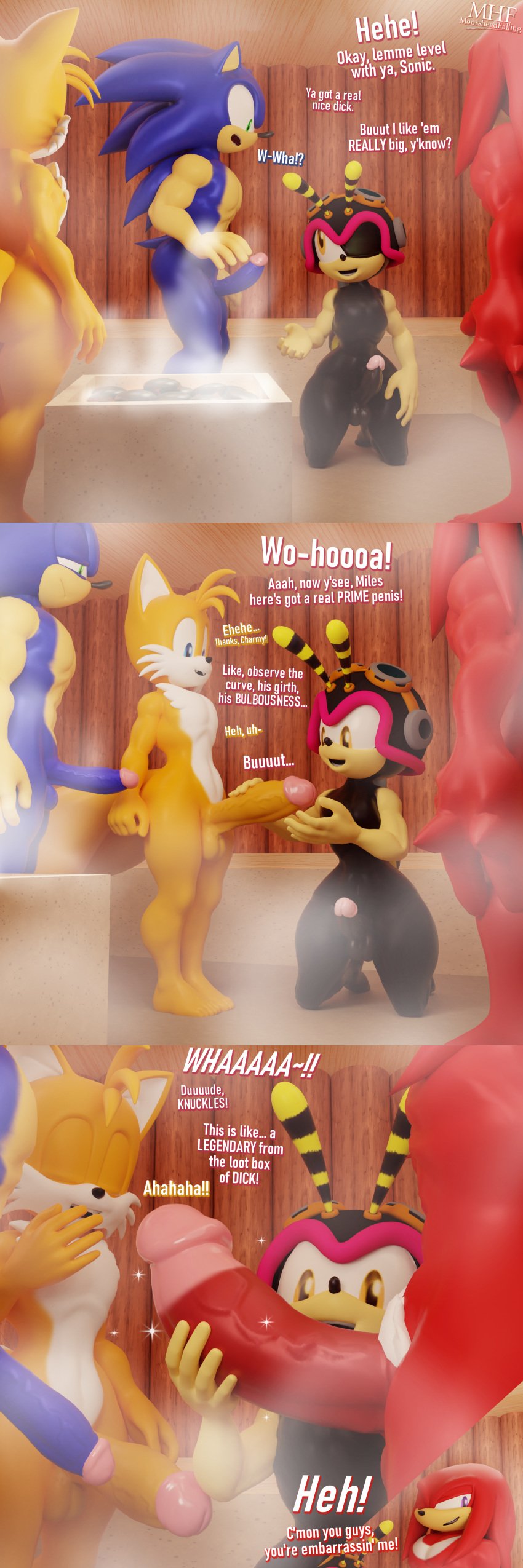 1:3 3d 4boys absurd_res anthro balls big_penis canid canine charmy_bee cock_worship comic comparing comparing_penis dialogue echidna eulipotyphlan fox genitals group hedgehog hi_res huge_cock knuckles_the_echidna male male/male male_only mammal monotreme moorsheadfalling nude penile penis sauna sega size_progression sonic_(series) sonic_the_hedgehog sonic_the_hedgehog_(series) tails team_sonic text video_games yaoi