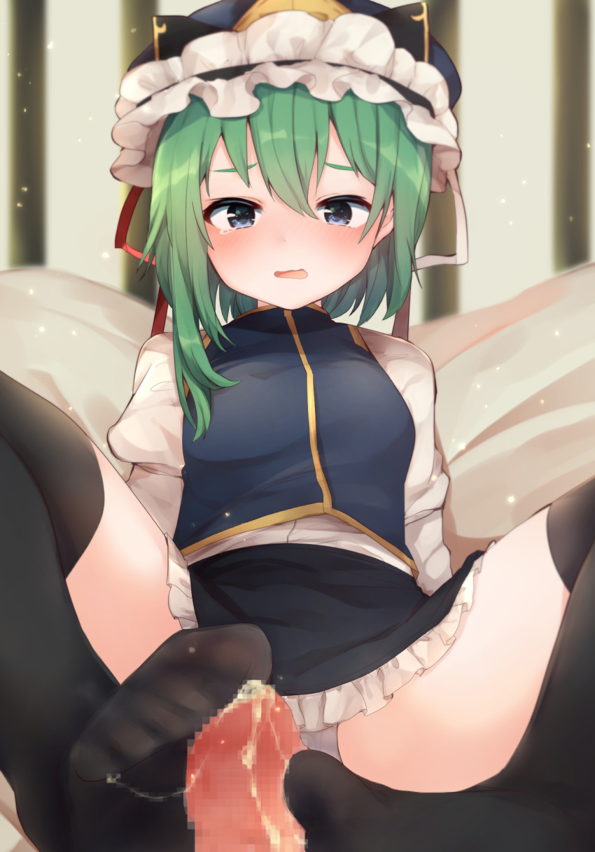 1boy black_legwear blue_eyes blue_skirt blue_vest blush breasts censored cum eiki_shiki female footjob footjob_with_legwear frills green_hair hair_between_eyes hat hat_ribbon highres indoors karasusou_nano long_hair long_sleeves medium_breasts miniskirt mosaic_censoring panties parted_lips penis ribbon shirt skirt skirt_set solo_focus straight tears thighhighs touhou underwear vest white_panties white_ribbon white_shirt