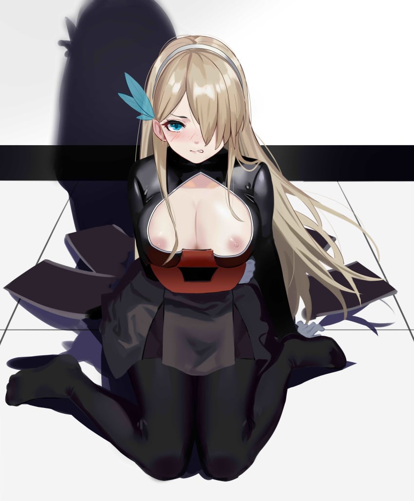 18966319959 absurdres black_cloak black_legwear black_skirt blue_eyes breasts cloak feather_hair_ornament hair_over_eyes headband highres large_breasts lexington_(cv-16)_(warship_girls_r) long_hair looking_at_viewer nipples shadow silver_hair skirt warship_girls_r