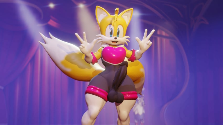 3d anthro bodysuit cock_and_balls crossdressing curvy_figure erect_penis erection erection_under_clothes femboy furry kawaii male male_only neckline rouge_the_bat_(cosplay) sonic_(series) spandex_suit tails tails_the_fox thick_thighs twintails3d