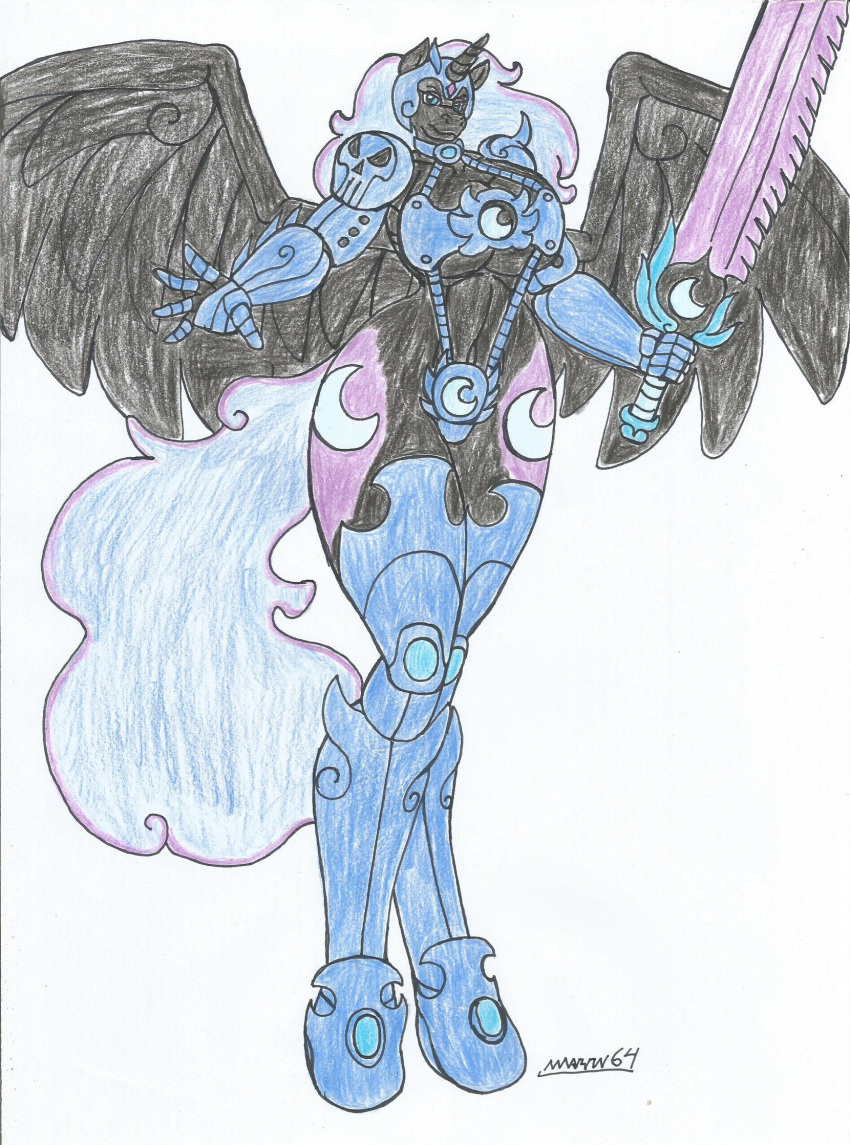 alicorn alicorn_(mlp) alicorn_anthro alicorn_princess anthro big_breasts big_hips bikini_armor black_body black_fur blue_eyes colored_hair dark_persona female_knight hasbro marlon64 my_little_pony my_little_pony_friendship_is_magic nightmare_moon_(mlp) princess_luna_(mlp) solo_female sword swordswoman traditional_drawing_(artwork) white_background winged_humanoid