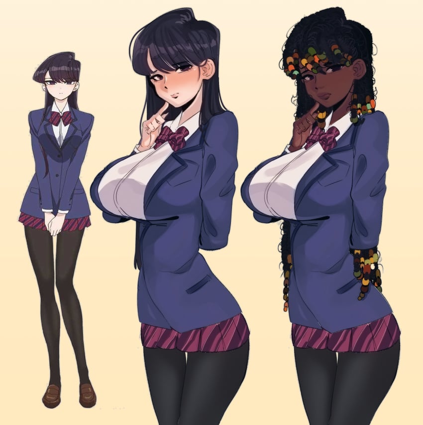 1girls alternate_hairstyle alternate_race alternate_skin_color big_breasts brown_hair dark-skinned_female dark_skin female komi-san_wa_komyushou_desu komi_shouko komigga mahmapuu pale-skinned_female pale_skin pantyhose school_uniform solo