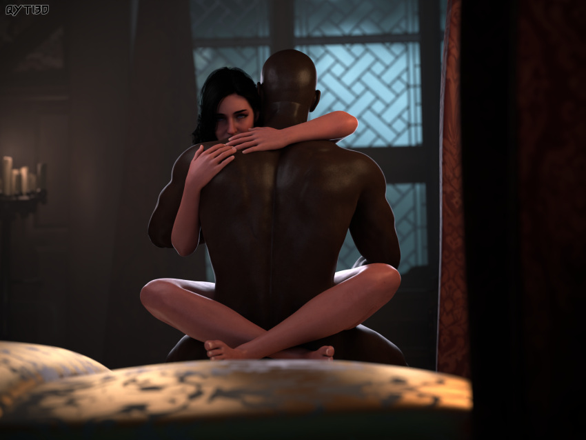 1boy 1girls 3d 3d_(artwork) bed blender blender_(software) cheating cuckold dark-skinned_male dark_skin embrace hugging interracial light-skinned_female light_skin looking_at_viewer muscular_male netorare night qyti sitting_on_lap sitting_on_person tagme the_witcher_(series) the_witcher_3:_wild_hunt upright_straddle yennefer