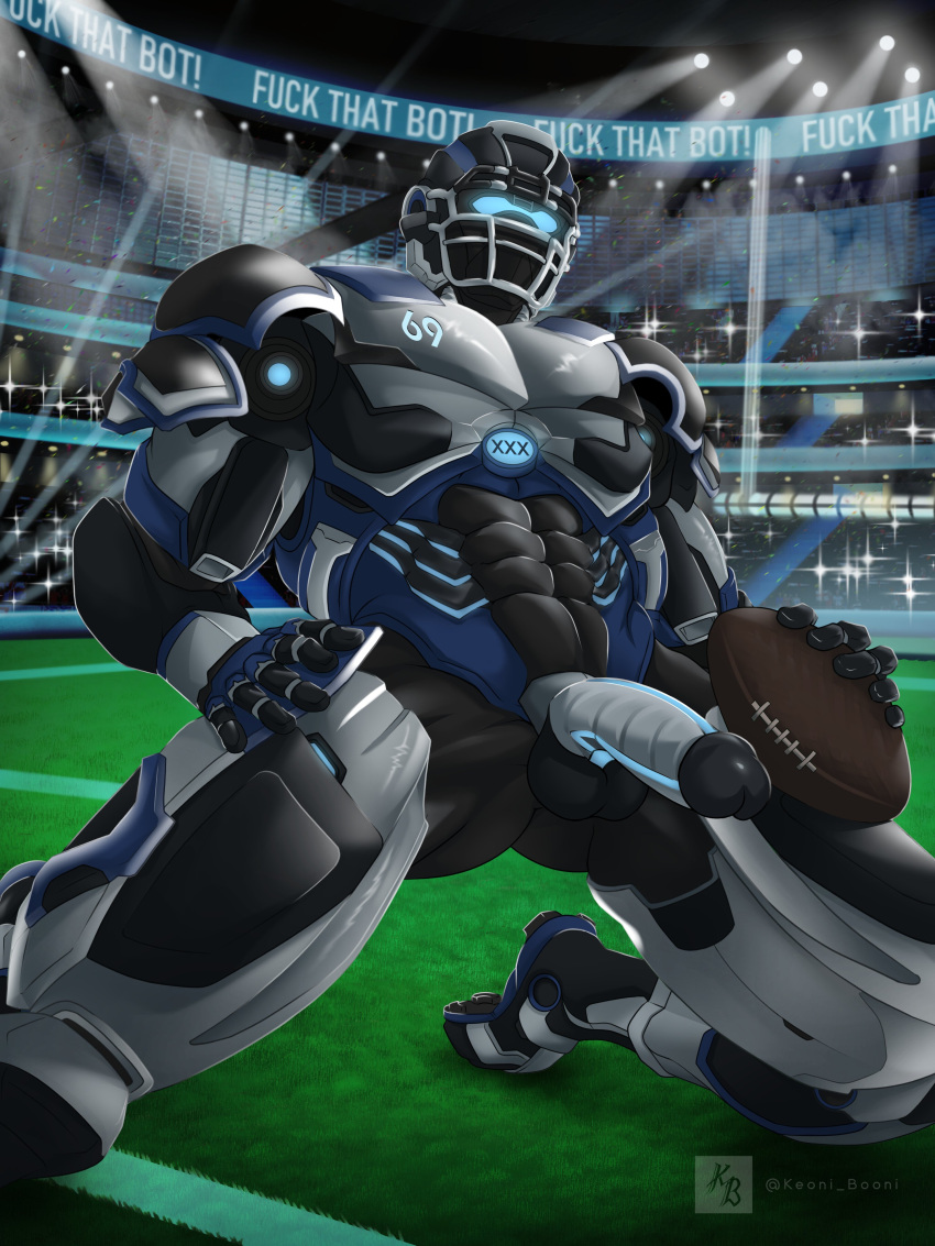 1boy american_football ass ass balls cleatus_the_fox_sports_robot erection football_player gay human humanoid keoni_booni male male_only muscular nude penis presenting public robot solo solo_focus stadium stadium_background