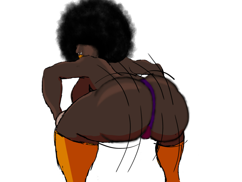 afro big_lips big_lips_no_eyes big_nose black_female black_hair dark-skinned_female hair_covering_eyes latex medium_breasts no_background orange_latex pasties purple_thong smile taebien thong topless twerking zahra_(tae)