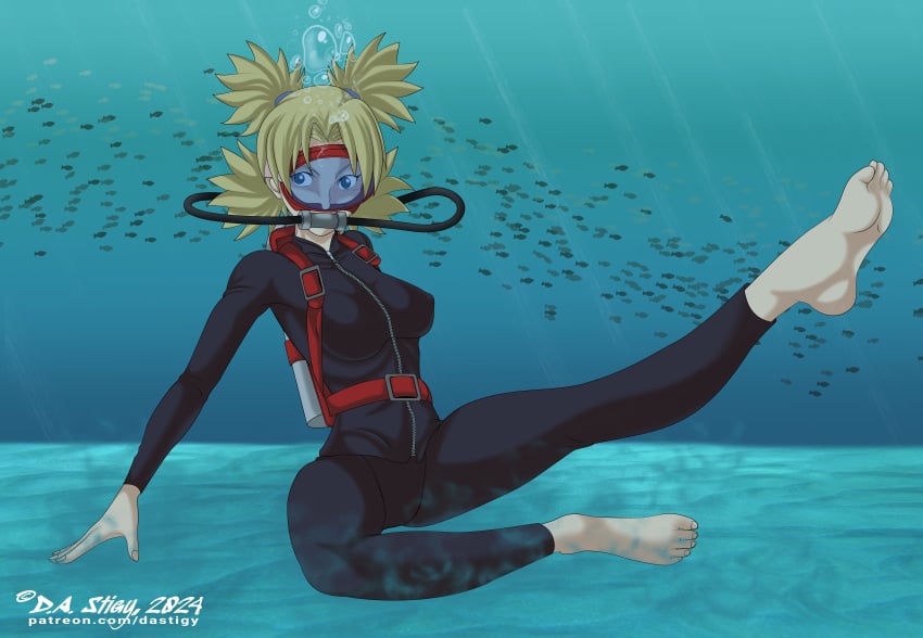 1girls 5_toes barefoot blonde_hair blue_eyes dastigy diving_suit feet female female_only female_solo naruto naruto_(series) scuba scuba_gear scuba_mask scuba_tank soles solo solo_female solo_only temari toes underwater