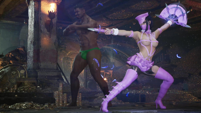 3d 3d_(artwork) 3d_model casual_nudity dark-skinned_male dark_skin duo duo_focus edenian exposed_areolae female fighting_stance green_thong haviksluz jax_briggs kitana kitana_(new_era) male male/female melanin mortal_kombat mortal_kombat_1_(2023) netherrealm_studios nonsexual princess ready_to_fight skimpy_outfit thong thong_only