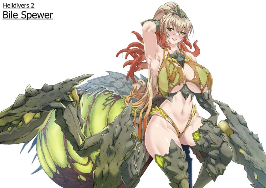 1girls 2d alien alien_girl alien_humanoid belly_button bile_spewer_(helldivers) blonde_hair blush breasts bug bug_girl english_text female female_focus female_only green_eyes helldivers helldivers_2 hourglass_figure insect_girl insects large_breasts light-skinned_female light_skin long_eyelashes long_hair looking_at_viewer milf monster_girl mostly_nude slim_waist terminid text thick thick_thighs torahime white_background wide_hips