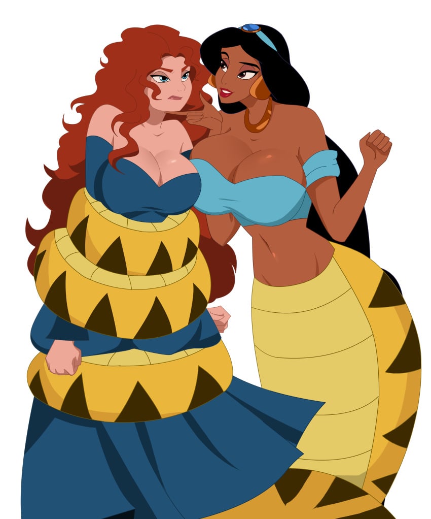 2girls aladdin aladdin_(1992_disney_film) annoyed_expression arabian arabian_clothes arms_pinned big_breasts brave breasts chin_grab coiled_up coiling coils disney disney_princess female female_only ghostlessm lamia merida messy_hair monster_girl naga princess_jasmine red_hair serpentine squeezing wrapped_up yuri