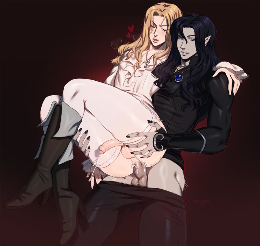 2024 2boys alucard alucard_(castlevania) anal anal_sex balls black_hair blonde_hair blush bottomless carrying carrying_partner carrying_position castlevania castlevania_(netflix) closed_eyes crossover cum cum_in_ass cum_inside cumshot d_(vampire_hunter_d) femboy femboy_on_femboy femboy_only feminine feminine_body feminine_male heel_boots long_hair male male/male male_only netflix no_male_underwear no_underwear penetration penis pointy_ears reverse_carry_position stockings targso thick_thighs twink twunk vampire vampire_hunter_d white_stockings yaoi