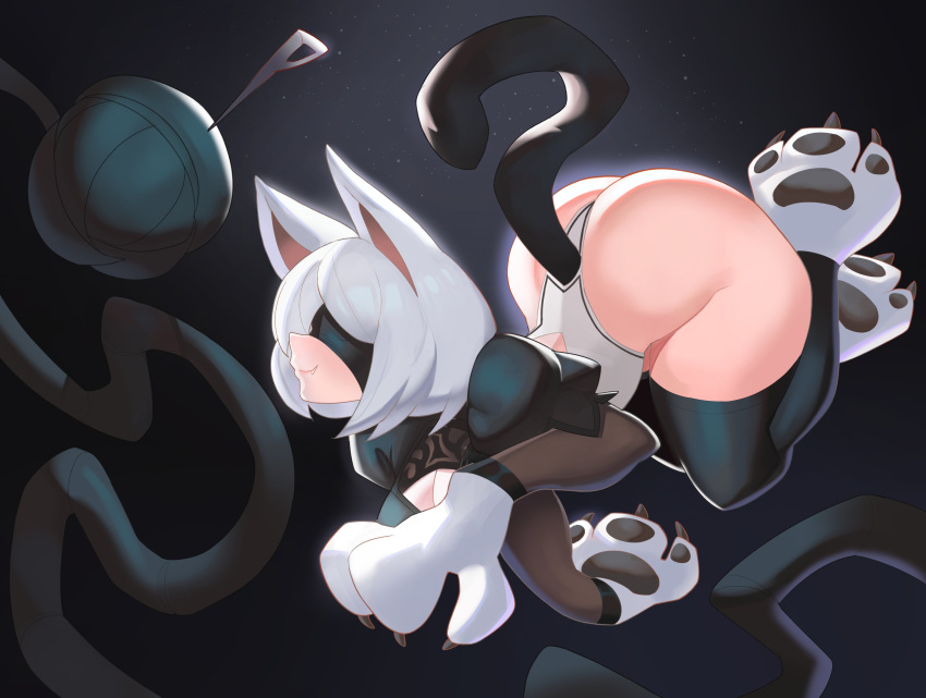 1girls 2024 absurd_res ass black_legwear blindfold cat_ears cat_paws cat_tail catgirl female female_only legwear leotard medium_hair nier:_automata pawpads roxy_thefoxy smile solo tail thick_ass thick_thighs white_hair yorha_2b