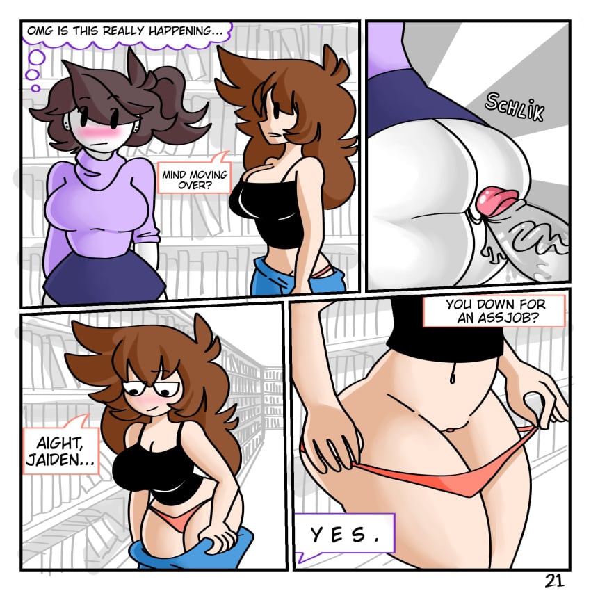 1boy 2girls anor3xia ass_focus big_ass bimbo blush bottomless bubble_ass bubble_butt butt_focus comic cum english_text female huge_ass huge_breasts huge_cock jaiden jaiden_animations library looking_at_each_other male multiple_girls page_21 penis penis_vein public pulling_down_panties pulling_down_pants pussy shgurr text thick_ass thick_thighs thighs undressing wide_hips youtube youtuber