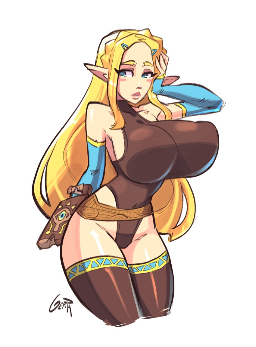 1girls anti-gravity_boobs big_breasts breasts breath_of_the_wild cleavage demigoddess female female_only gerph huge_breasts large_breasts nipples_visible_through_clothing princess_zelda sheikah_slate solo the_legend_of_zelda thighhighs zelda_(breath_of_the_wild)