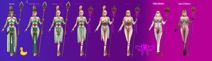 1girls alarielle_the_radiant barbell_piercing big_breasts blonde_hair chaos_(warhammer) corruption corset elf elf_ears high_elf_(warhammer) light-skinned_female light_skin love_duck nipple_piercing pubic_tattoo pussy slaanesh_mark tattoo warhammer_(franchise) warhammer_fantasy