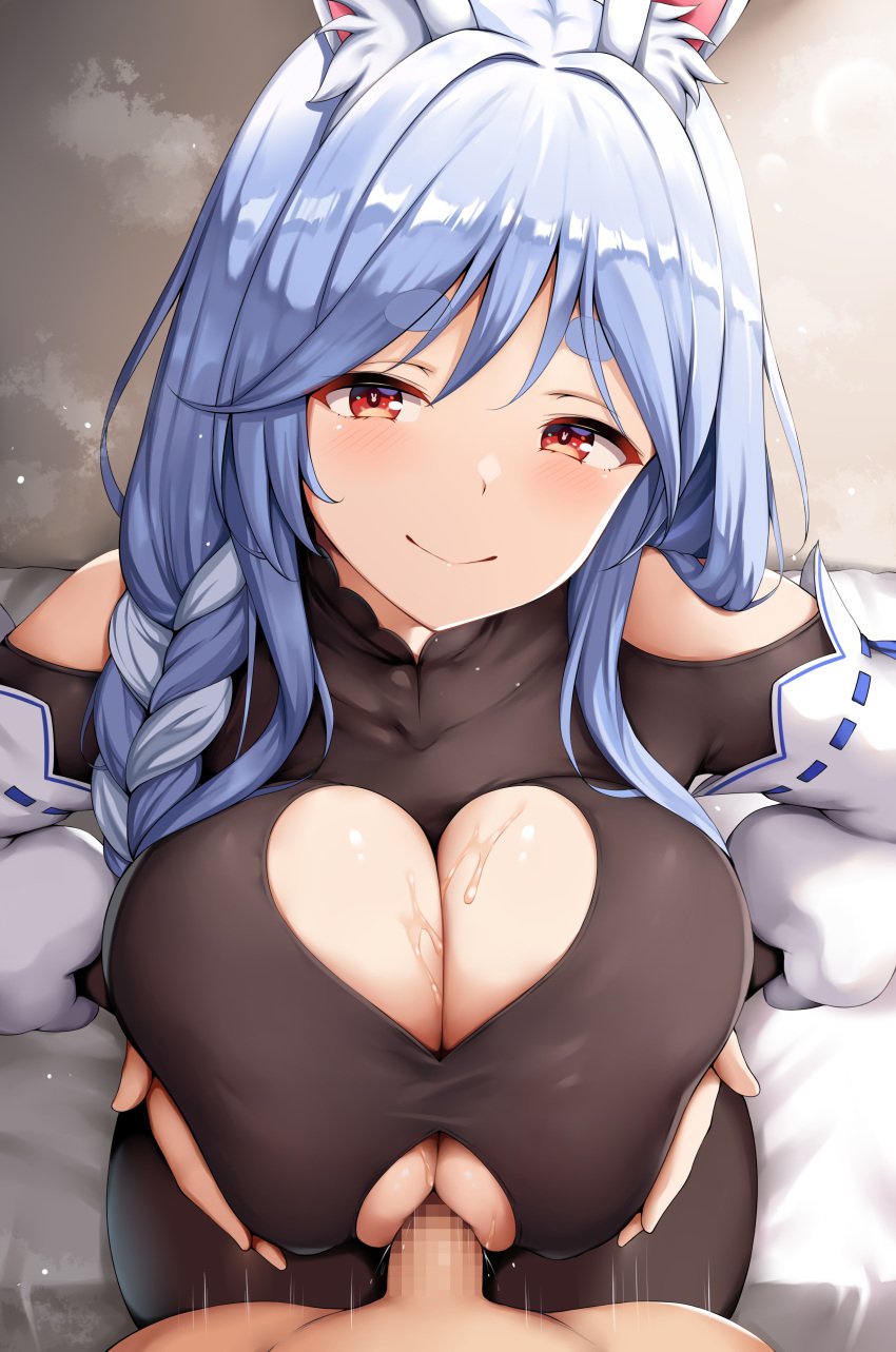 1boy 1girls animal_ears blue_hair breasts bunny_ears bunny_girl female hi_res high_resolution highres hololive hololive_fantasy hololive_japan holomilfs huge_breasts large_penis light-skinned_female light-skinned_male light_skin long_hair male male_pov mature_female milf mother paizuri pekomama penis pov rabbit_ears renetan titjob uncensored virtual_youtuber