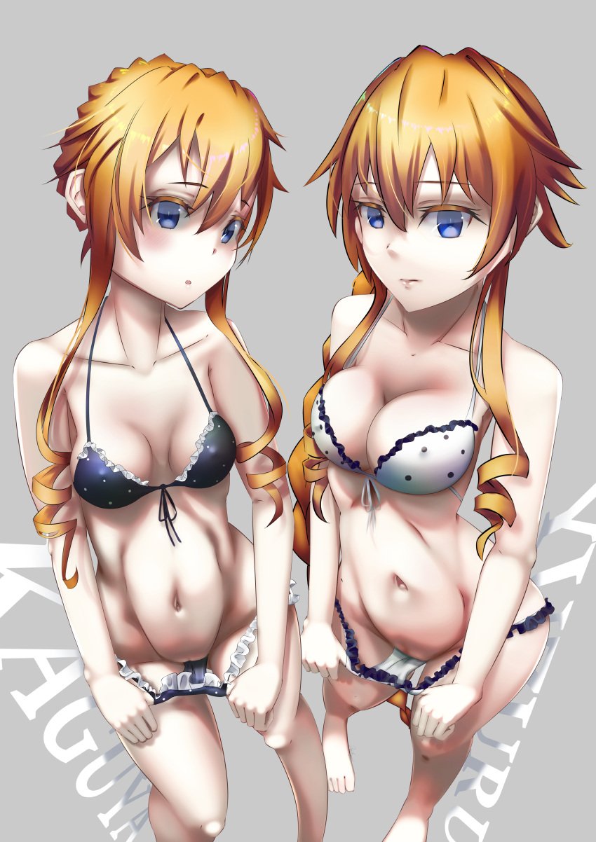 2girls belly bikini blue_eyes breasts date_a_live digitalfragment female female_only light-skinned_female long_hair looking_at_viewer orange_hair sisters thighs twins undressing yamai_kaguya yamai_yuzuru