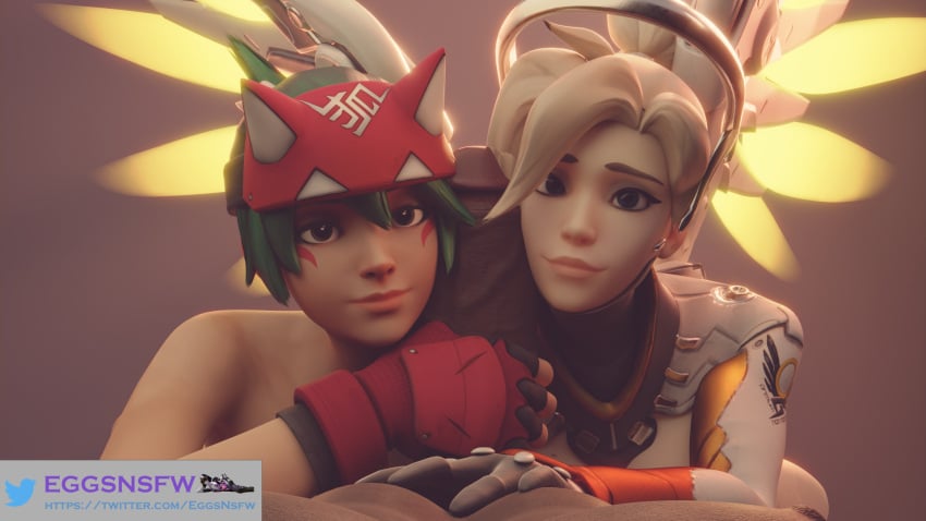 1boy 2girls 3d angela_ziegler asian big_penis blizzard_entertainment blonde_hair dick double_facejob eggsnsfw facejob green_hair headgear kiriko_(overwatch) kiriko_kamori looking_at_viewer masturbation mercy overwatch overwatch_2 penis penis_between_faces penis_grab penis_on_face rubbing_penis wings