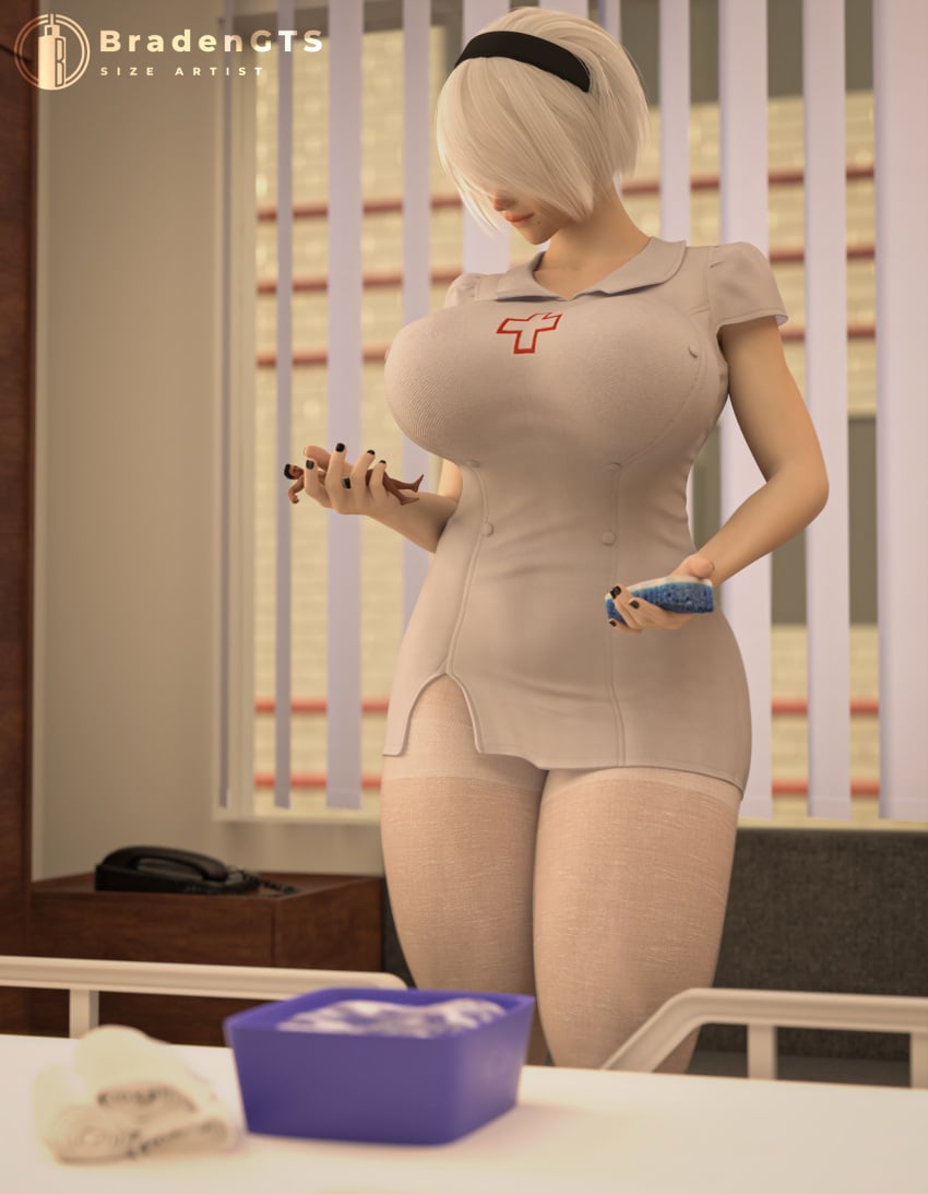 1boy 1girls 3d 3d_(artwork) alternate_costume android android_girl bath bigger_female black_hairband bradengts clothed clothed_female femdom gentle gentle_femdom gentle_mommy giant_woman giantess hairband larger_female micro micro_male nier nier:_automata nier_(series) nurse nurse_uniform robot robot_girl robot_humanoid smaller_male sponge thick_thighs thighs white_hair yorha_2b