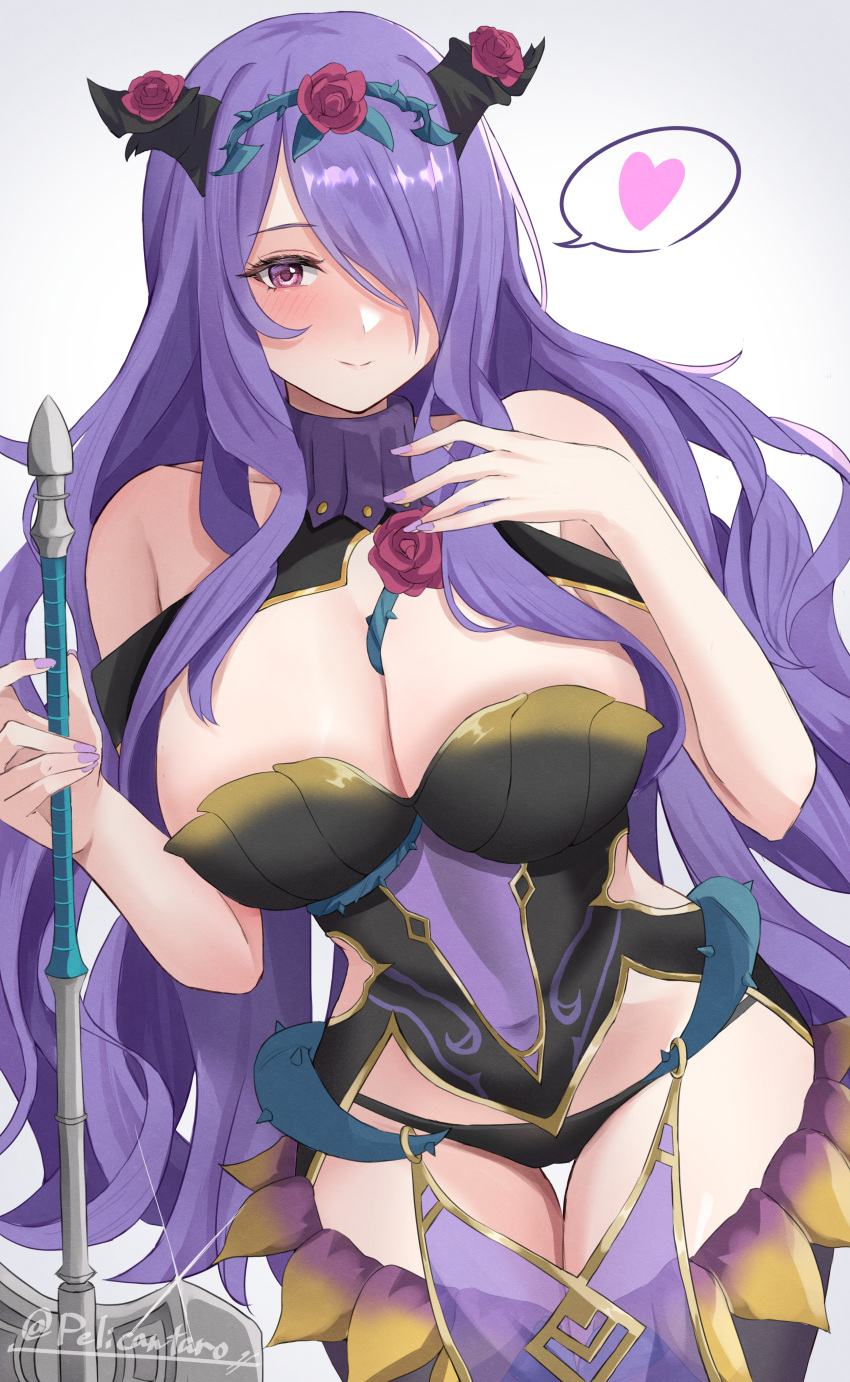 1girls absurdres alternate_costume bare_thighs black_panties blush breasts camilla_(fire_emblem) camilla_(resplendent)_(fire_emblem) cleavage female female_only fire_emblem fire_emblem_fates fire_emblem_heroes flower gloves hair_over_one_eye highres holding inner_thighs large_breasts long_hair looking_at_viewer nintendo official_alternate_costume panties peli_cantaro purple_eyes purple_hair red_flower red_rose rose smile solo thighs twitter_username underwear