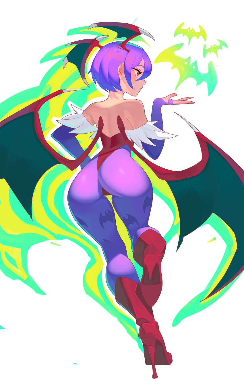 1girls 2024 absurd_res ass back_view bat_print capcom darkstalkers dat_ass female female_only full_body gauntlets head_wings heel_boots leotard lilith_aensland pantyhose petite purple_hair purple_pantyhose rear_view red_eyes roxy_thefoxy short_hair smiling solo succubus succubus_wings thick_thighs white_background wings