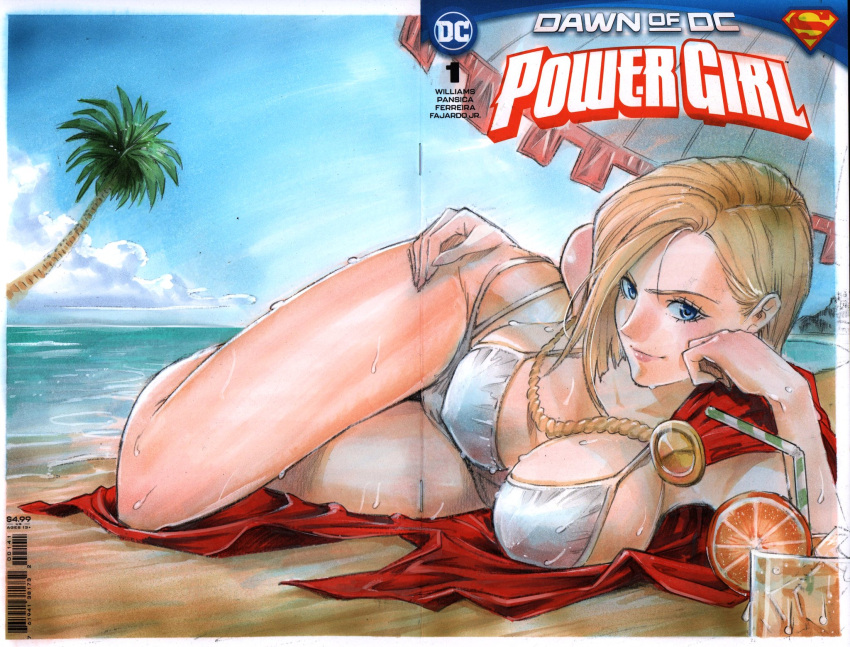 arm_support armpits beach bikini blonde_hair blue_eyes breasts cleavage covered_erect_nipples dc_comics drink female hand_on_own_hip highres kara_zor-l karen_starr large_breasts legs lying ocean on_side power_girl rodrigo_yoshimiya seductive_smile short_hair smile solo sweat swimsuit thighs traditional_media water white_bikini